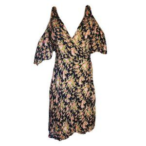 Angie Dress Womens Size S Small Black Pink Floral Cold Shoulder Wrap V Neck